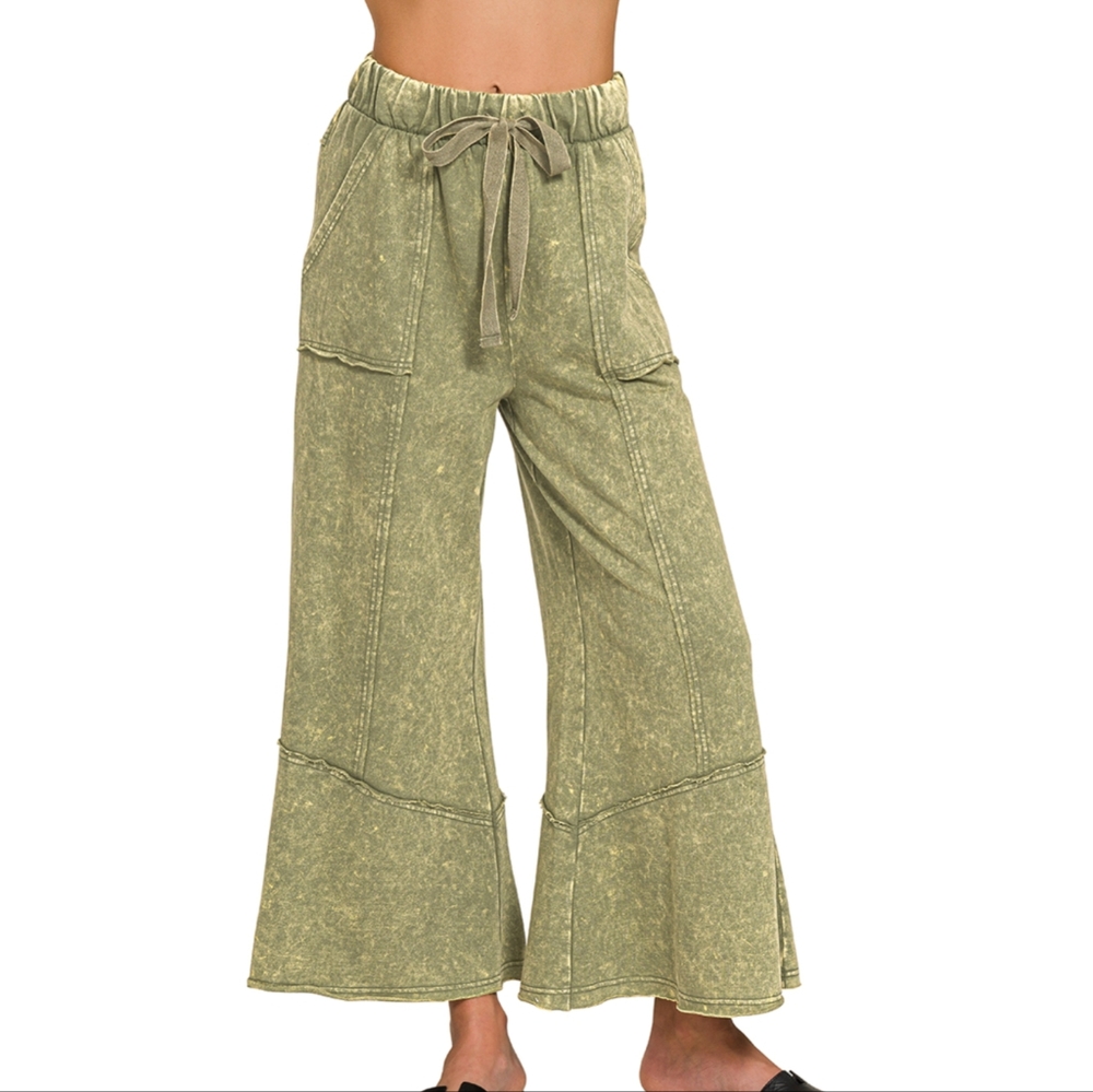 Zenana Exposed Seam Flare Hem Pants with Pockets, Mineral Wash Light Olive